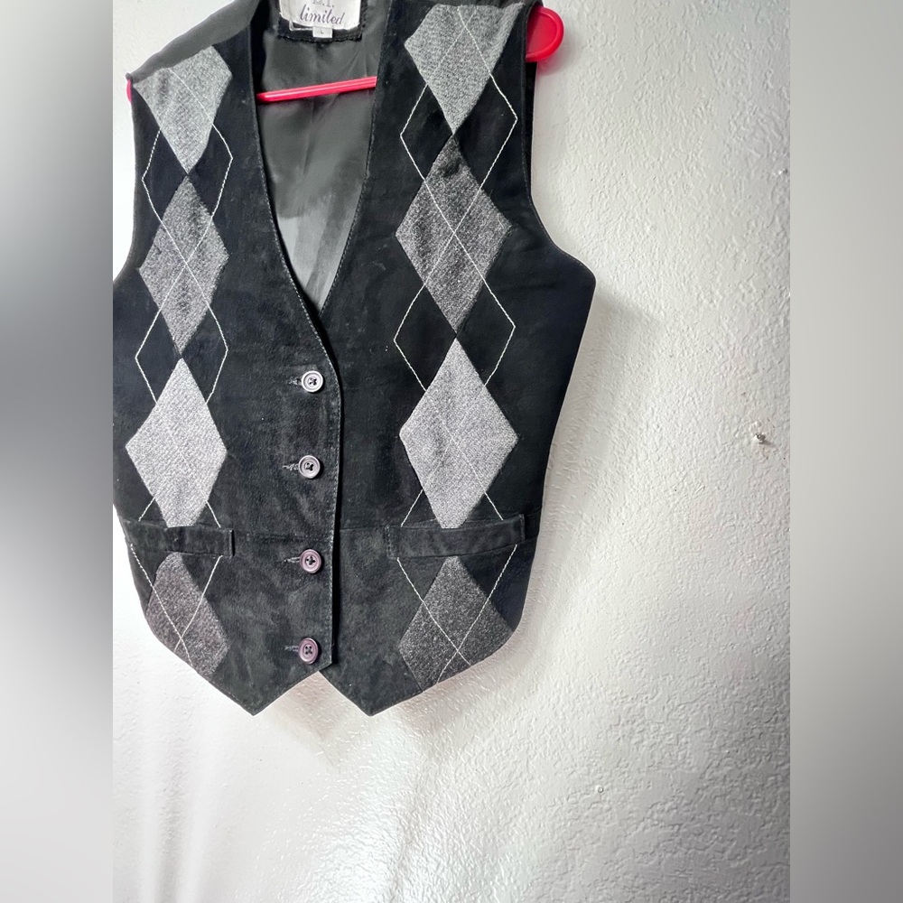 Vintage Men’s Leather Black and Gray Argyle Vest Large - Picture 2 of 10